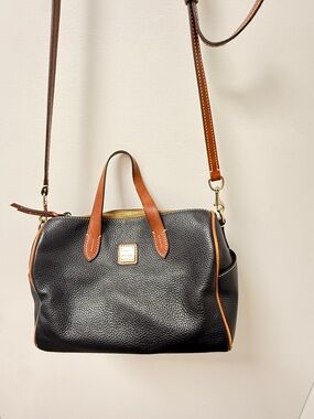 Dooney & Bourke Black Pebbled Leather Tote with Brown Trim and Gold Hardware